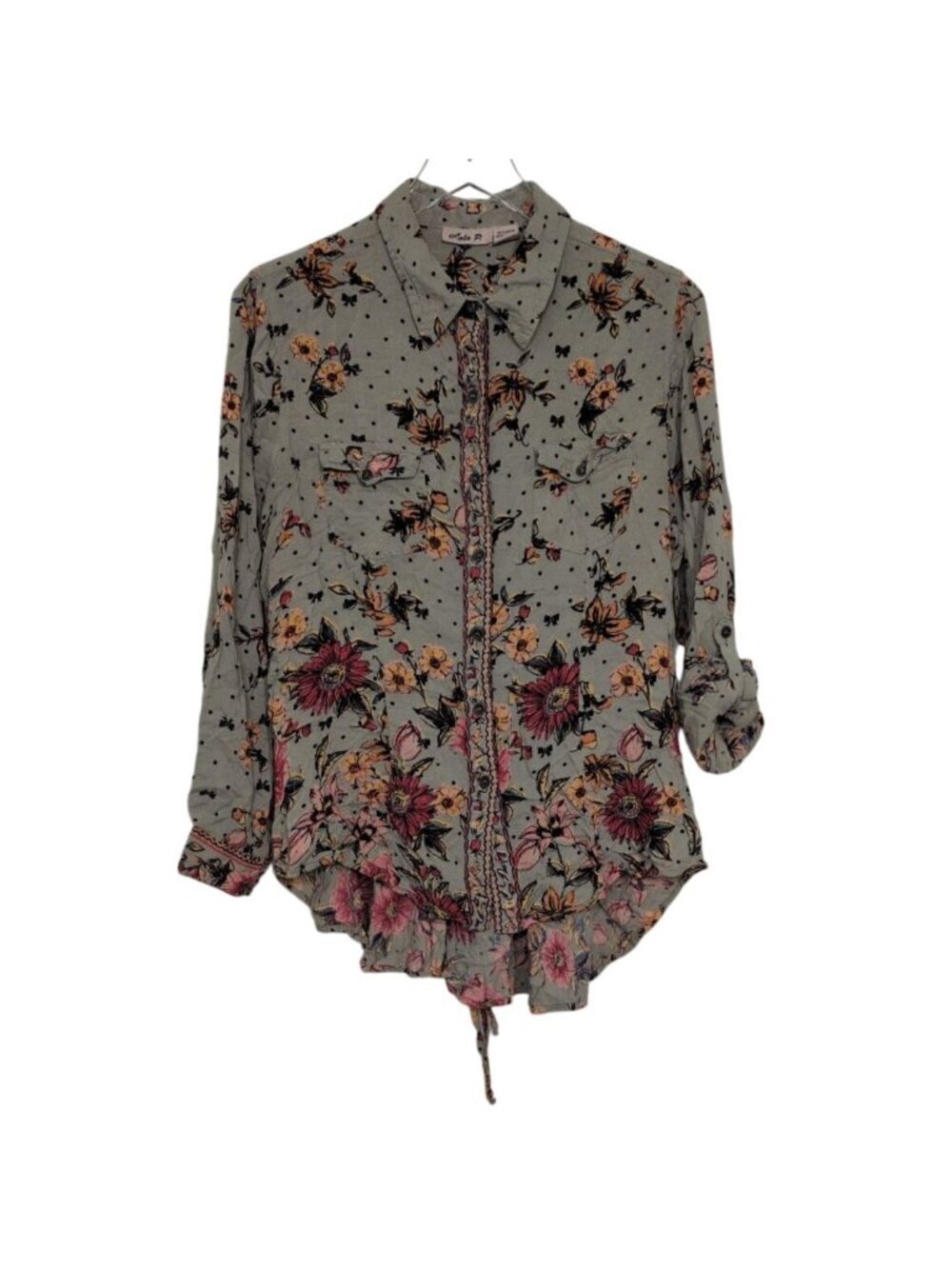 Lola P Floral Shirt Womens Size Large Green Boho Roll Tab Sleeves Button Front